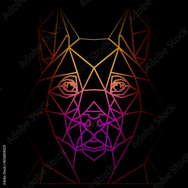 Obraz Colorful geometric dog head on a black background with a gradient lines, line drawing, neon lighting. Vector art, sots art, low poly, cubo-futurism, sticker, cartoon avatar, animal logo, surreal