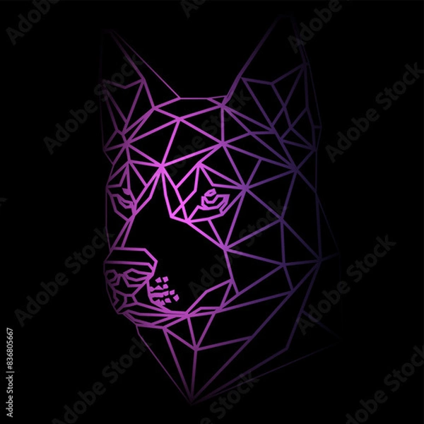 Obraz Colorful geometric dog head on a black background with a gradient lines, line drawing, neon lighting. Vector art, sots art, low poly, cubo-futurism, sticker, cartoon avatar, animal logo, surreal