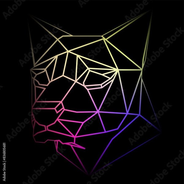 Obraz Colorful geometric dog head on a black background with a gradient lines, line drawing, neon lighting. Vector art, sots art, low poly, cubo-futurism, sticker, cartoon avatar, animal logo, surreal
