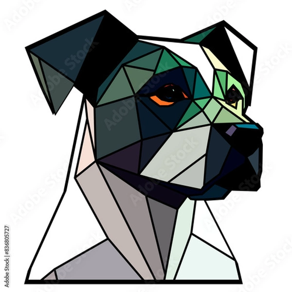 Obraz Dog head in a geometric style, black border, colored lines, polygon and triangle shapes. Vector art, sots art, low poly, cubo-futurism, sticker, cartoon avatar, animal logo surreal design, hologram