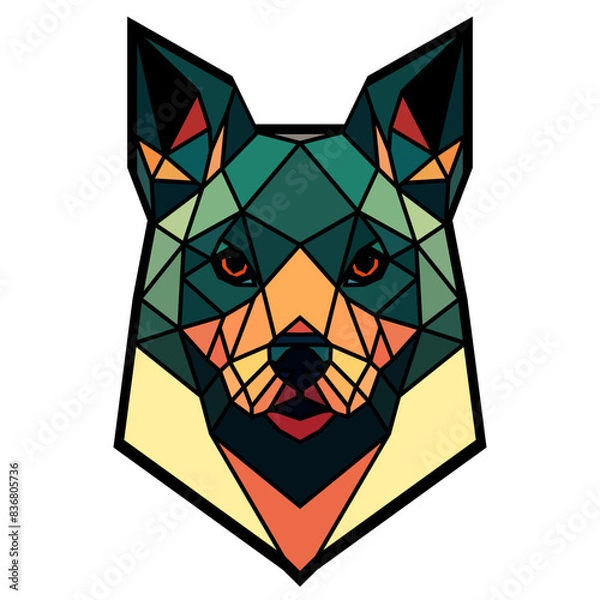 Obraz Dog head in a geometric style, black border, colored lines, polygon and triangle shapes. Vector art, sots art, low poly, cubo-futurism, sticker, cartoon avatar, animal logo surreal design, hologram