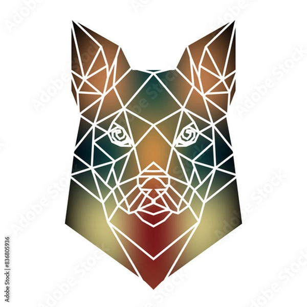 Obraz Stylized dog head a geometric style of triangles and different gradient colors with a white background, white lines. Vector art, sots art, low poly, cubo-futurism, sticker, cartoon avatar, animal logo