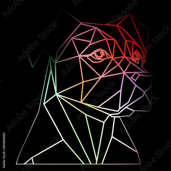 Obraz Colorful geometric dog head on a black background with a gradient lines, line drawing, neon lighting. Vector art, sots art, low poly, cubo-futurism, sticker, cartoon avatar, animal logo, surreal