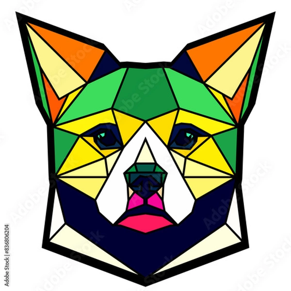 Obraz Dog head in a geometric style, black border, colored lines, polygon and triangle shapes. Vector art, sots art, low poly, cubo-futurism, sticker, cartoon avatar, animal logo surreal design, hologram