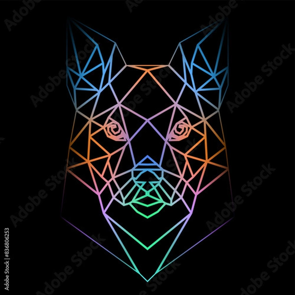 Obraz Colorful geometric dog head on a black background with a gradient lines, line drawing, neon lighting. Vector art, sots art, low poly, cubo-futurism, sticker, cartoon avatar, animal logo, surreal