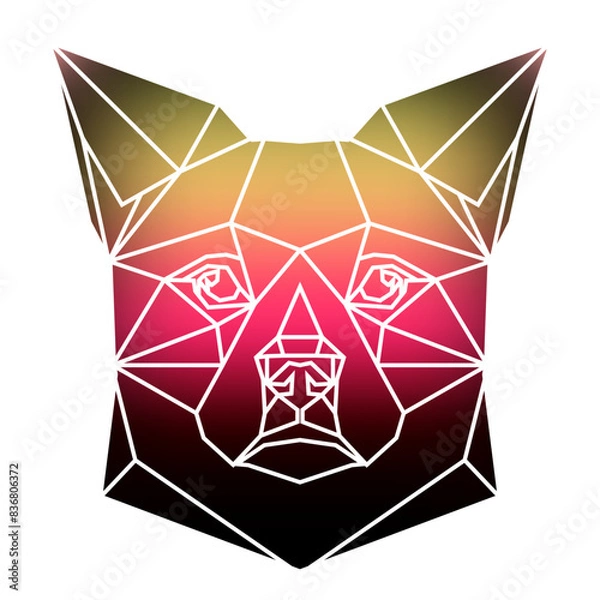 Obraz Stylized dog head a geometric style of triangles and different gradient colors with a white background, white lines. Vector art, sots art, low poly, cubo-futurism, sticker, cartoon avatar, animal logo