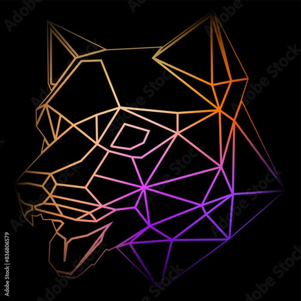 Obraz Colorful geometric dog head on a black background with a gradient lines, line drawing, neon lighting. Vector art, sots art, low poly, cubo-futurism, sticker, cartoon avatar, animal logo surreal design