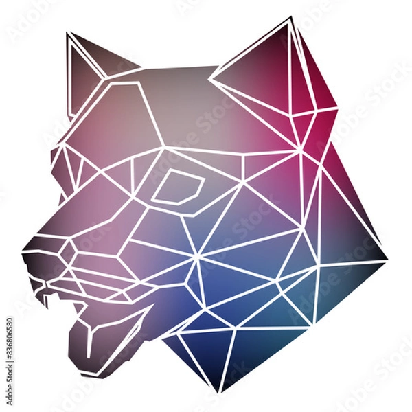 Obraz Stylized dog head a geometric style of triangles and different gradient colors with a white background, white lines. Vector art, sots art, low poly, cubo-futurism, sticker, cartoon avatar, animal logo
