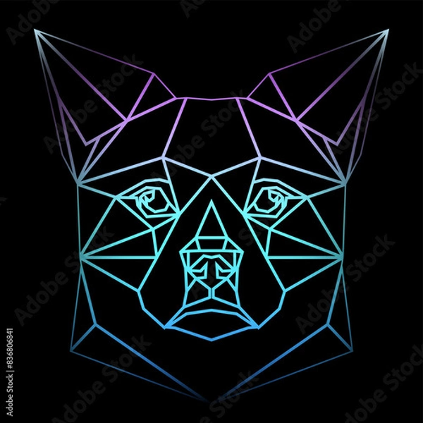 Obraz Colorful geometric dog head on a black background with a gradient lines, line drawing, neon lighting. Vector art, sots art, low poly, cubo-futurism, sticker, cartoon avatar, animal logo surreal design