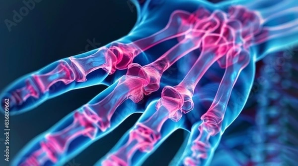 Fototapeta A hand with pink and blue bones and joints