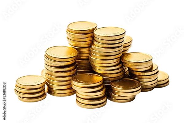 Fototapeta Pile gold coins isolated on white or transparent background. AI Generated.