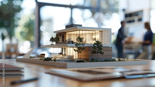 Obraz Advanced real estate office featuring a concept 3D render model of a house on a table, agents engaged in signing mortgage contracts and explanations, background intentionally blurred