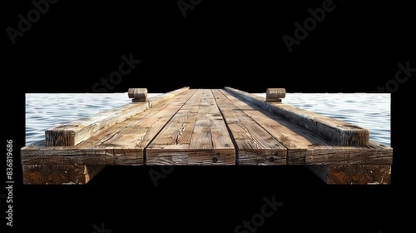 Fototapeta Wooden pier extending into the calm water against a black background, showcasing tranquility and serenity in nature's simplicity.