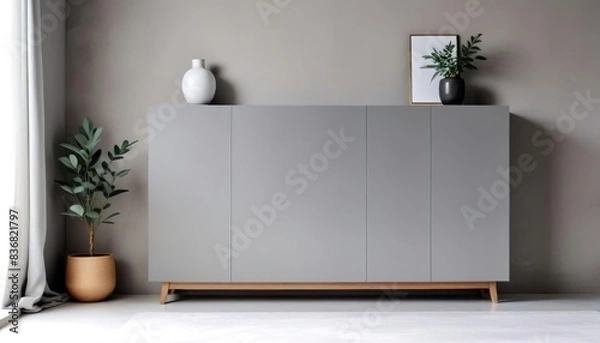 Fototapeta Grey cabinet against wall with copy space. Minimalist interior design of modern living room, home