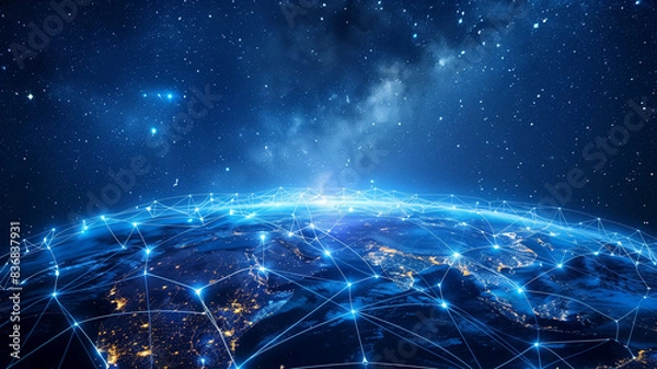 Fototapeta Global Network Connection Across the World with Glowing Blue Lines