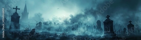 Obraz Long shot of a spooky graveyard at dusk, eerie mist swirling around ancient tombstones, creepy zombies emerging from the shadows, photorealistic digital art, haunting atmosphere