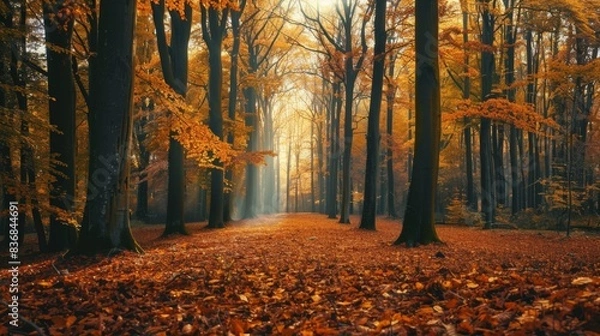 Fototapeta Tranquil Autumn Forest with Vibrant Foliage and Copy Space Above Trees