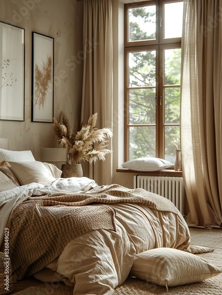 Obraz Panoramic view of the modern minimalist bedroom, accentuated by two thick chenille curtains hanging from the large windows