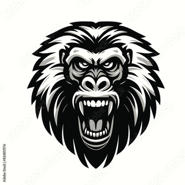 Fototapeta Illustration of a fierce baboon head mascot logo in black and white