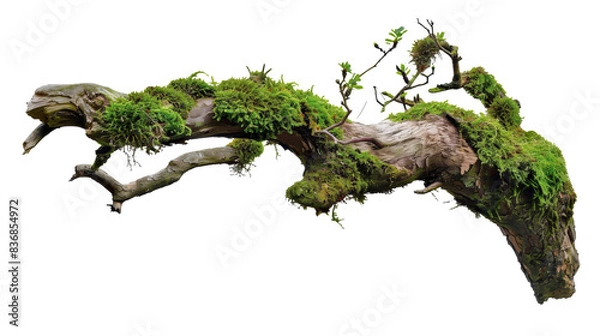 Fototapeta weathered tree branch, covered in patches of vibrant green moss, isolated on transparent background.