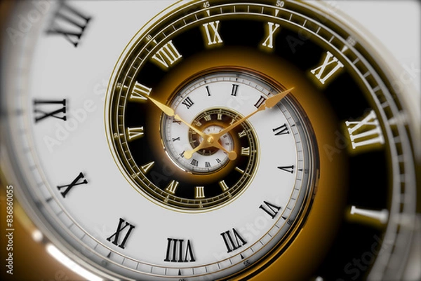 Obraz Abstract modern white spiral clock dial with roman and arabic numerals. Concept of Infinite time, deadline, scheduling, time and space, past, present and future.