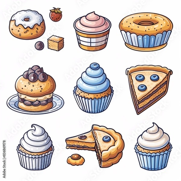Fototapeta Baking-related 2D icons outlined in blue on white.