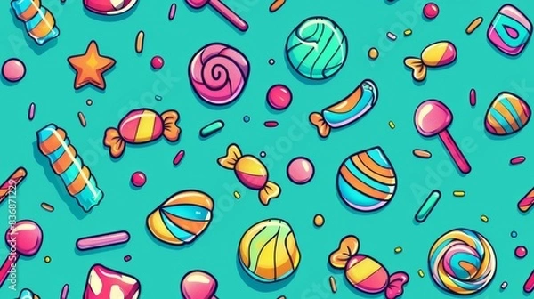 Fototapeta A vibrant assortment of various candies and sweets spread out on a bright teal background, capturing a playful and indulgent atmosphere