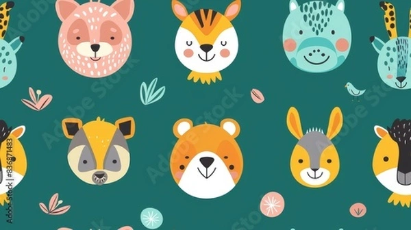 Fototapeta Array of adorable cartoon animals on a green background, featuring faces of different wildlife