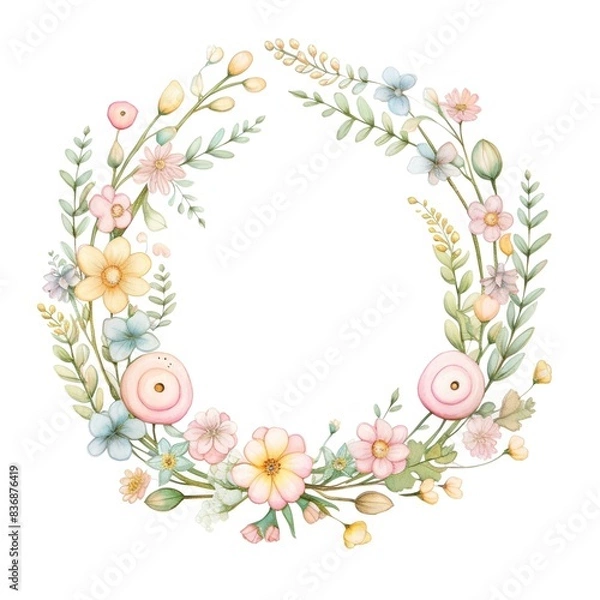 Fototapeta A cute pastel wreath watercolor painting texture, Perfect for nursery art and children's book illustration style, simple, cute, full color, clipart