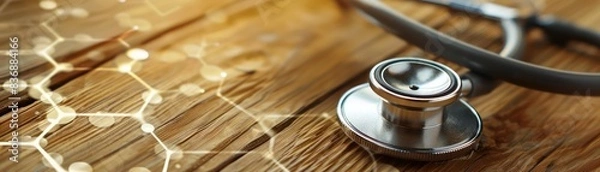 Fototapeta Medical concept with stethoscope on wooden table and abstract molecular structure. Healthcare and technology background.