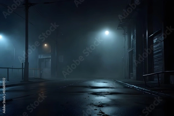 Fototapeta Blue dark background of empty foggy street with wet asphalt, illuminated by a searchlight, laser beams, smoke, Generative AI 
