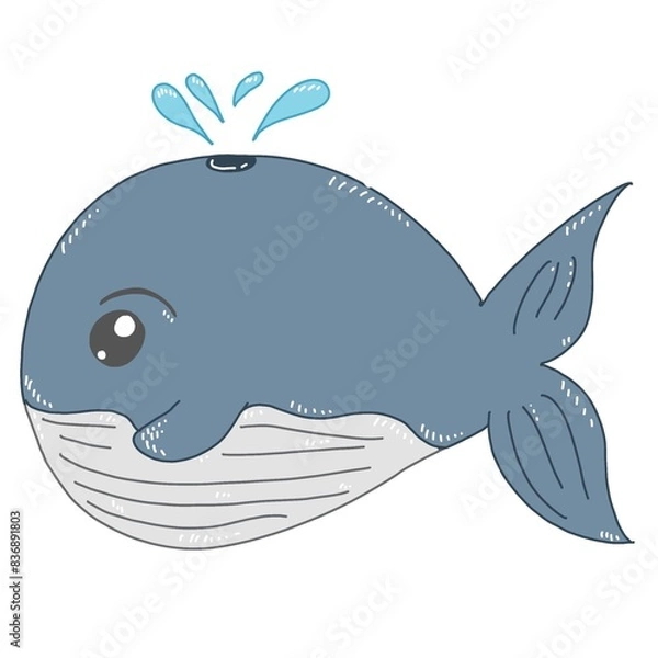 Fototapeta The cartoon whale was round in shape and dark blue in color with water squirting from the top.