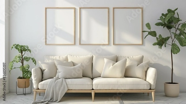 Obraz Multi frame mockup, home room interior with sofa, framed wall poster