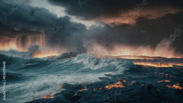 Fototapeta A raging sea meets a field of molten lava. The water boils, crashing into the lava, creating clouds of steam and a mesmerizing glow.