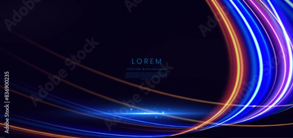 Fototapeta Abstract futuristic glowing neon multi color lines. Hi speed motion moving concept on dark blue background.