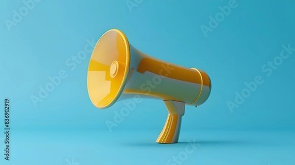 Obraz 3D rendering of a yellow megaphone on a blue background. A simple flat illustration with soft shadows and no contrast.