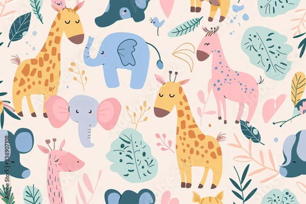 Fototapeta Pattern of adorable animal illustrations with giraffes, elephants, and plants
