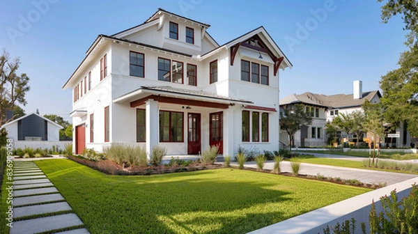 Fototapeta Corner view of a newly constructed craftsman style white house with red accents, in a suburban neighborhood with manicured lawns, modern and classic fusion.