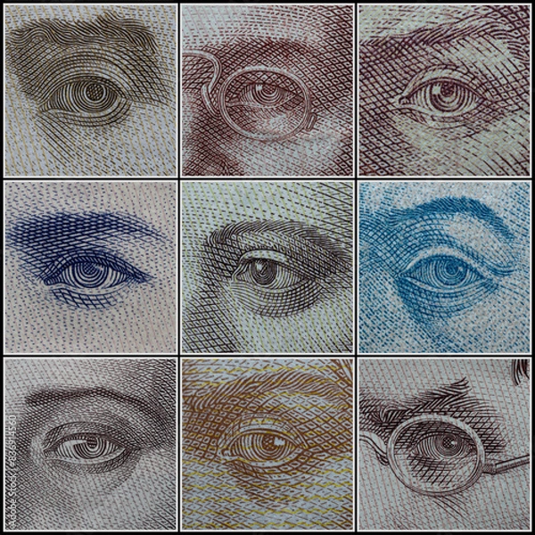 Fototapeta Eyes with banknotes on a black background