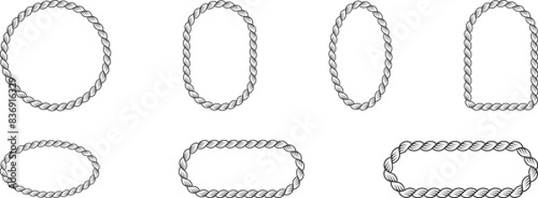 Fototapeta Set of Braided Rope frames Borders of different geometric shapes. round, oval and square, hexagonal. Editable rope frame border isolated on white background.