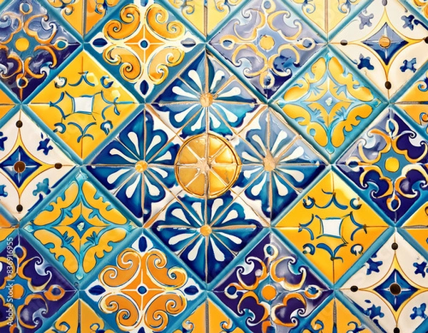 Fototapeta Majolica floor tiles with patterns. Abstract geometric seamless pattern background.