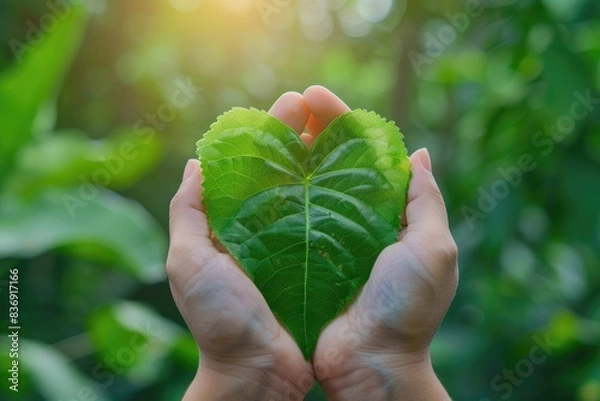 Fototapeta Hands holding leaf on nature background  World Environment Day concept.