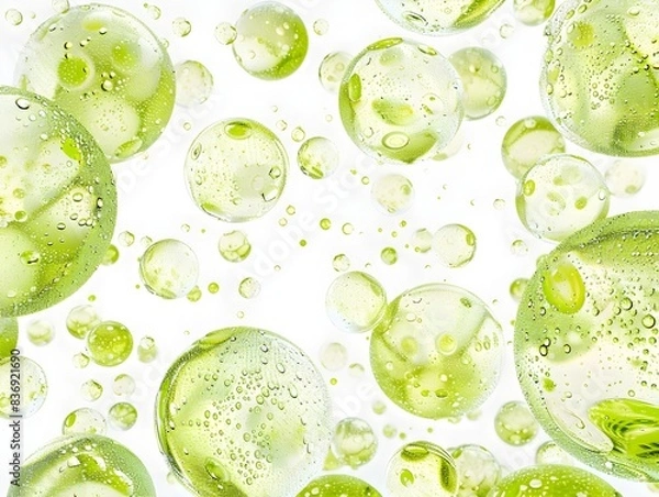 Fototapeta background green spheres of oil floating in the air, oil bubbles against a white background