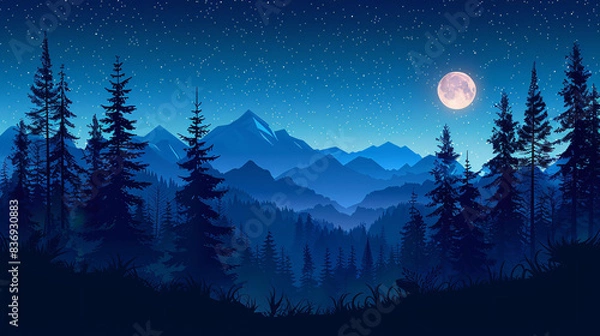 Fototapeta Scenic forest in Europe under a starry night sky with silhouettes of trees and mountains