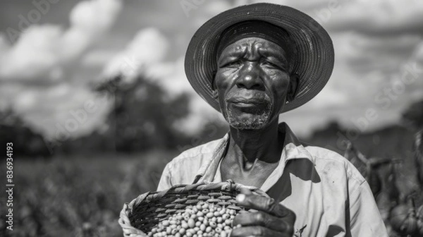 Obraz A black and white portrait of a farmer holding a basket generated by AI