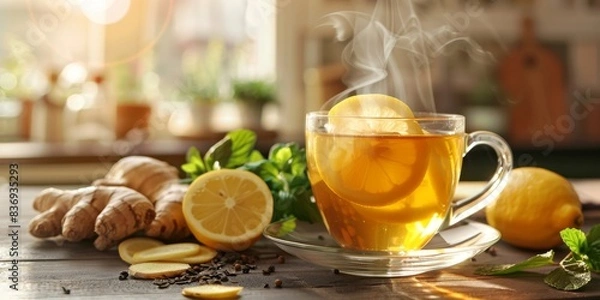 Obraz A cup of hot ginger tea with lemon, on a cozy kitchen table generated by AI