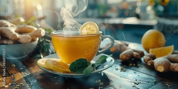 Fototapeta A cup of hot ginger tea with lemon, on a cozy kitchen table generated by AI