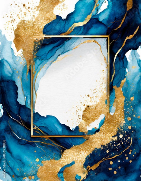 Fototapeta Modern watercolor ink background with blue waves and golden frame and white rectangle copyspace