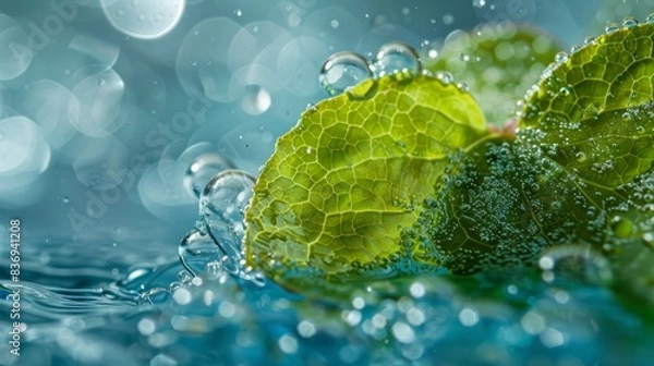 Fototapeta A close-up of bubbles forming on the surface of a plant leaf submerged in water, illustrating the release of oxygen during the photosynthesis process.