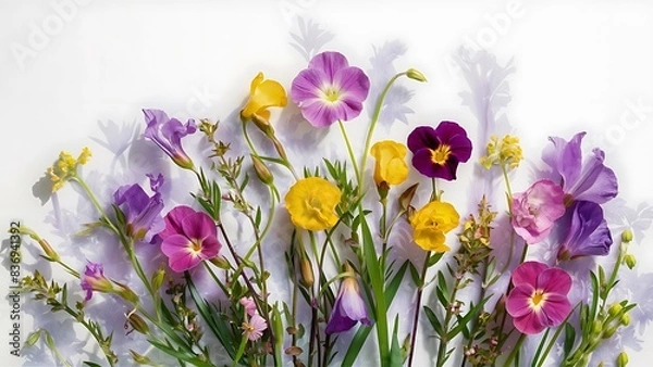 Fototapeta Wild spring flowers petals leaves and stems on white background
